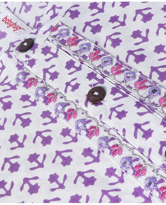 Babyhug Cotton Full Sleeves Kurta With Dhoti Floral Print & Embroidery - White & Purple