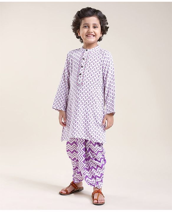 Babyhug Cotton Full Sleeves Kurta With Dhoti Floral Print & Embroidery - White & Purple