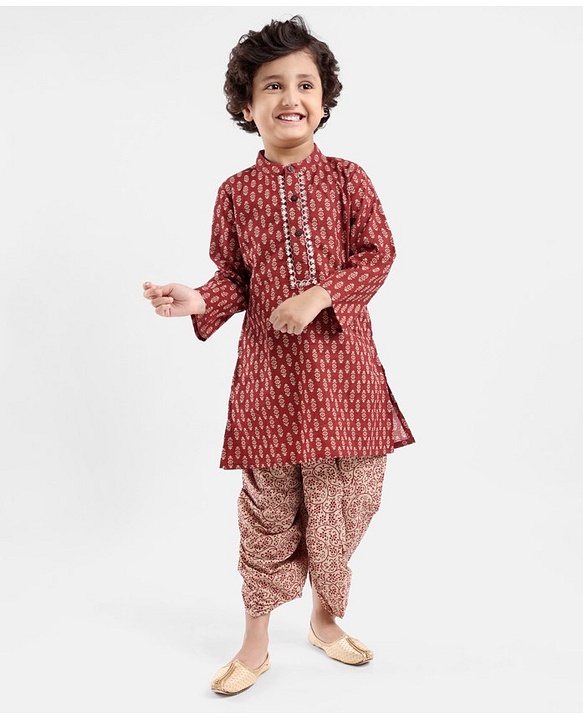 Babyhug 100% Cotton Full Sleeves  Printed Kurta with Printed Dhoti Set - Rust