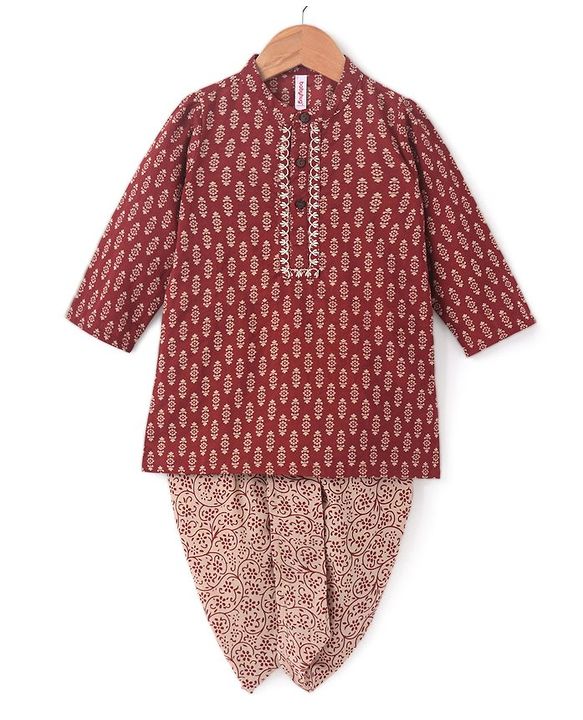 Babyhug 100% Cotton Full Sleeves  Printed Kurta with Printed Dhoti Set - Rust