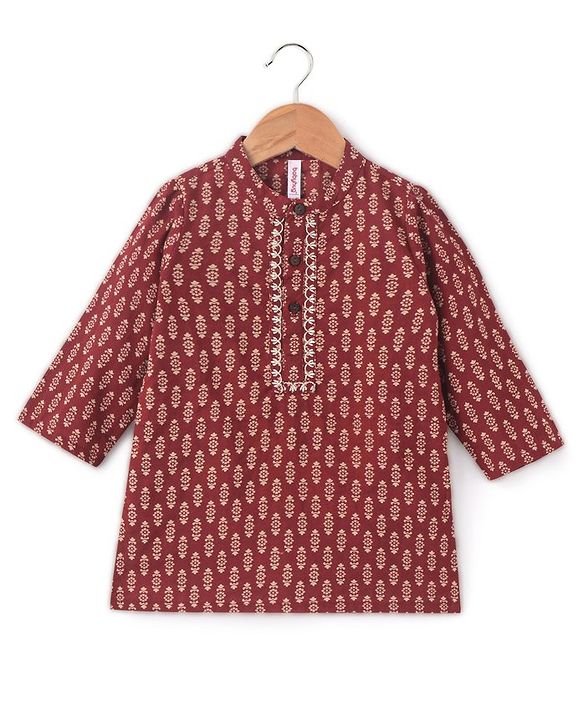 Babyhug 100% Cotton Full Sleeves  Printed Kurta with Printed Dhoti Set - Rust
