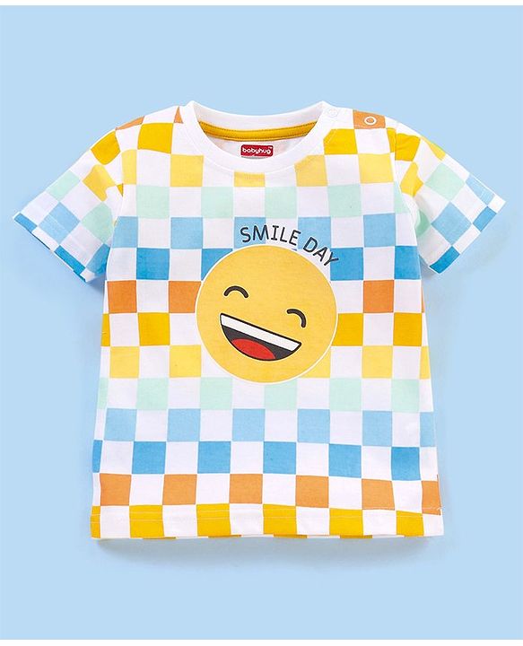 Babyhug Cotton Knit Half Sleeves Checked T-Shirt Emoji Print - White