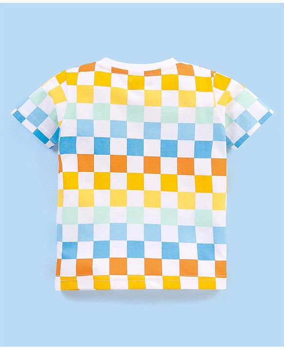 Babyhug Cotton Knit Half Sleeves Checked T-Shirt Emoji Print - White