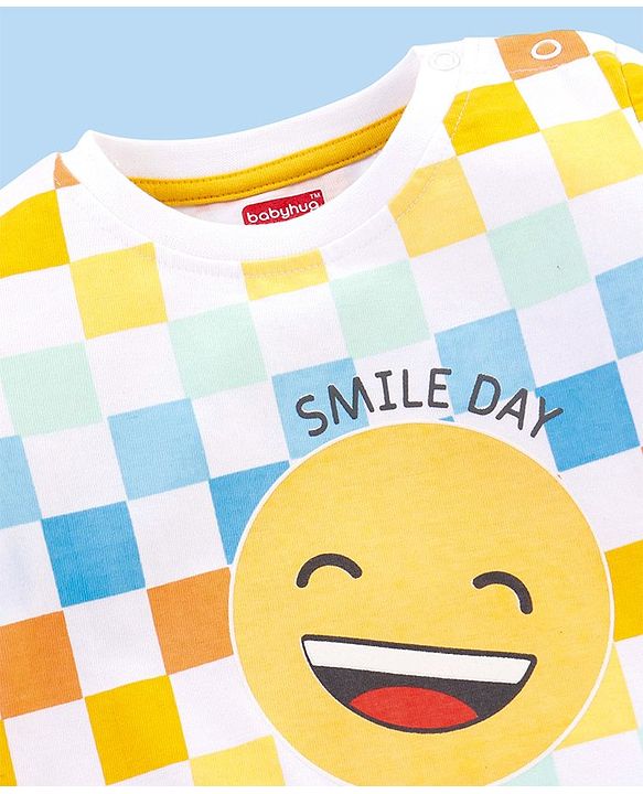 Babyhug Cotton Knit Half Sleeves Checked T-Shirt Emoji Print - White
