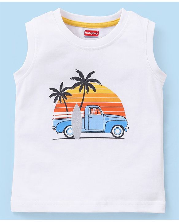 Babyhug Sleeveless Cotton T-Shirt With Sunset Print - White