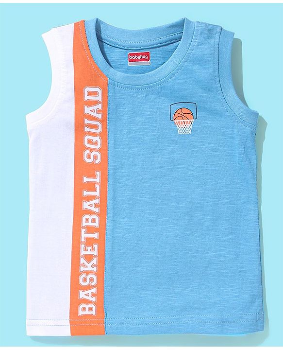 Babyhug Cotton Jersey Sleeveless Tee Basketball Print - Blue