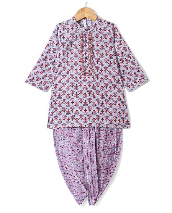 Babyhug 100% Cotton Woven Full Sleeve Floral Printed Kurta & Laheriya Printed Dhoti Set- Pink