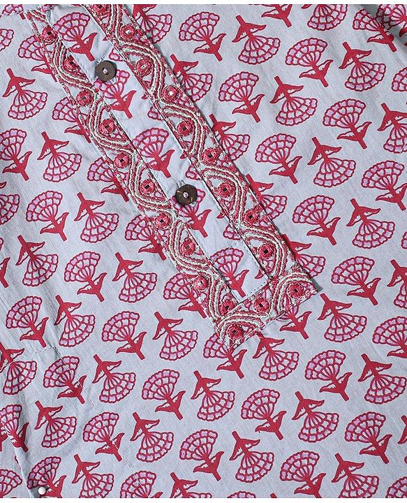 Babyhug 100% Cotton Woven Full Sleeve Floral Printed Kurta & Laheriya Printed Dhoti Set- Pink