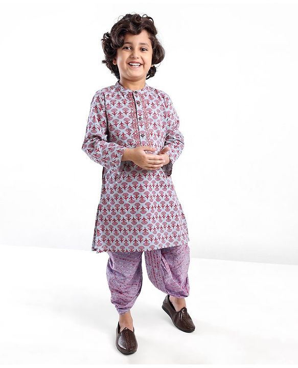 Babyhug 100% Cotton Woven Full Sleeve Floral Printed Kurta & Laheriya Printed Dhoti Set- Pink