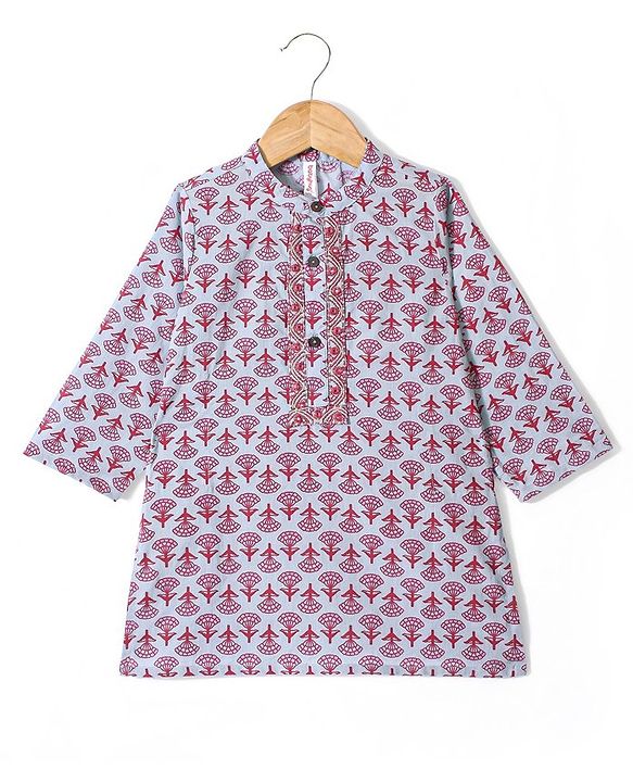Babyhug 100% Cotton Woven Full Sleeve Floral Printed Kurta & Laheriya Printed Dhoti Set- Pink