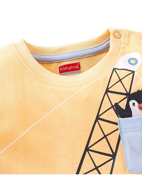 Babyhug Cotton Jersey Half Sleeves T-Shirt Construction Vehicle Print - Peach