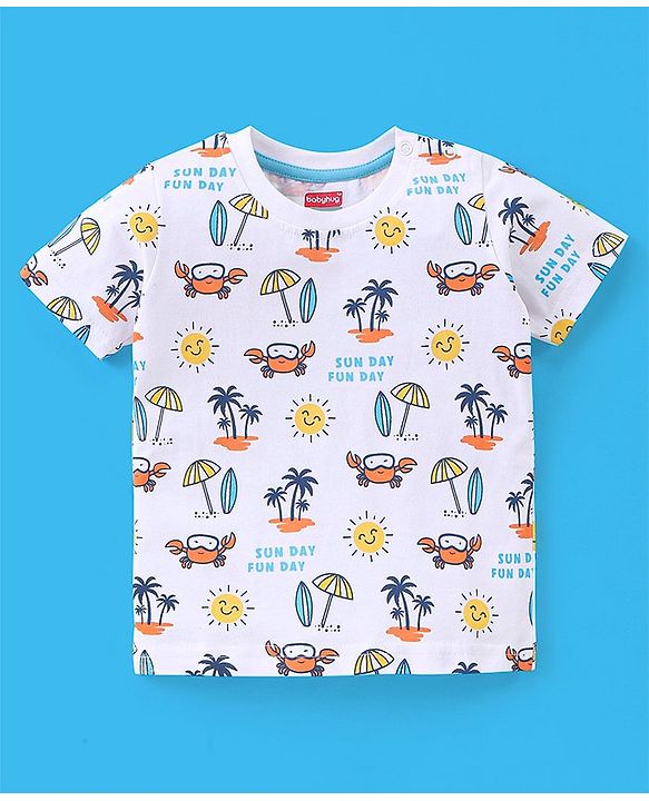 Babyhug Cotton Half Sleeves T-Shirt Stripes & Beach Print Pack of 3- Blue & White