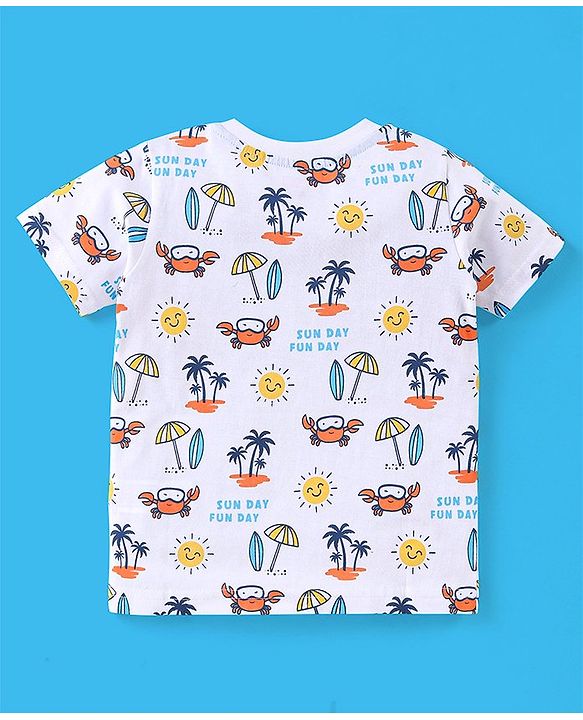 Babyhug Cotton Half Sleeves T-Shirt Stripes & Beach Print Pack of 3- Blue & White