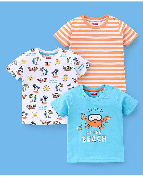 Babyhug Cotton Half Sleeves T-Shirt Stripes & Beach Print Pack of 3- Blue & White