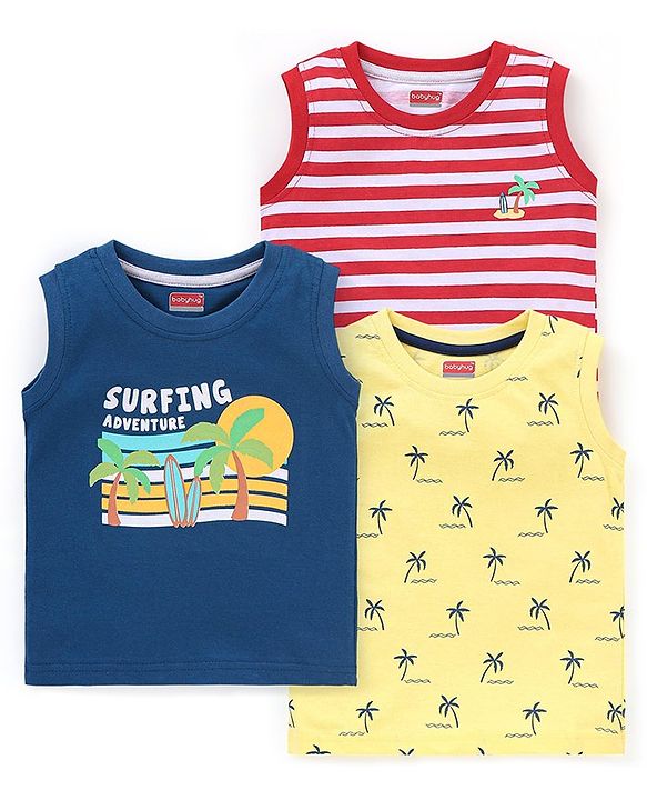 Babyhug Cotton Knit Sleeveless T-Shirts Striped and Palm Trees Print Pack of 3 - Yellow Blue & Red