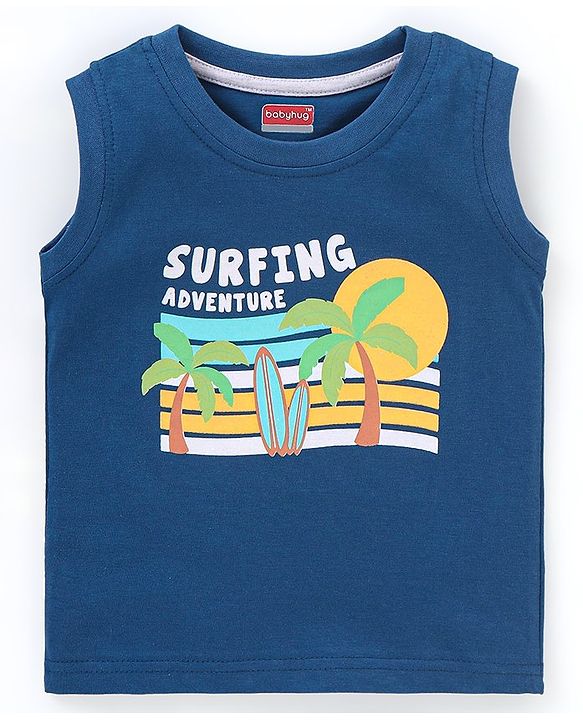 Babyhug Cotton Knit Sleeveless T-Shirts Striped and Palm Trees Print Pack of 3 - Yellow Blue & Red