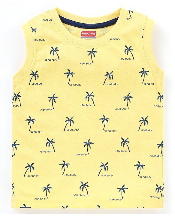 Babyhug Cotton Knit Sleeveless T-Shirts Striped and Palm Trees Print Pack of 3 - Yellow Blue & Red