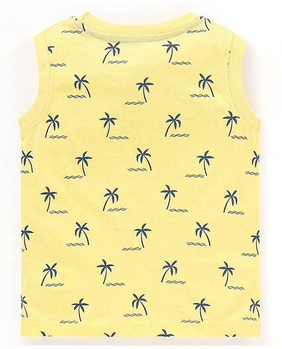 Babyhug Cotton Knit Sleeveless T-Shirts Striped and Palm Trees Print Pack of 3 - Yellow Blue & Red