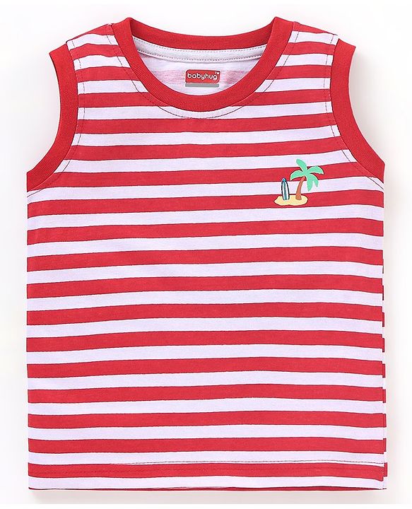 Babyhug Cotton Knit Sleeveless T-Shirts Striped and Palm Trees Print Pack of 3 - Yellow Blue & Red