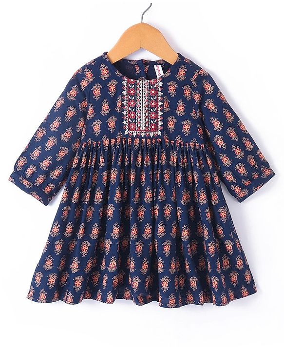 Babyhug 100% Cotton Woven Threefourth Sleeve Ethnic Dress With Floral Embroidery Detailing At Yoke - Navy Blue