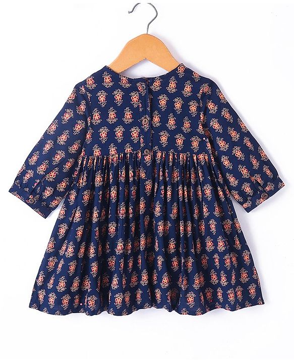 Babyhug 100% Cotton Woven Threefourth Sleeve Ethnic Dress With Floral Embroidery Detailing At Yoke - Navy Blue
