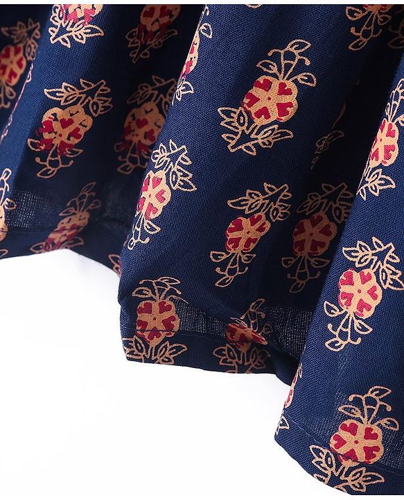 Babyhug 100% Cotton Woven Threefourth Sleeve Ethnic Dress With Floral Embroidery Detailing At Yoke - Navy Blue
