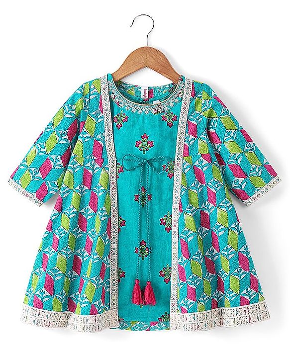 Babyhug Cotton Woven Floral Printed Ethnic Dress with Full Sleeves Embroidered Border Jacket - Turquoise