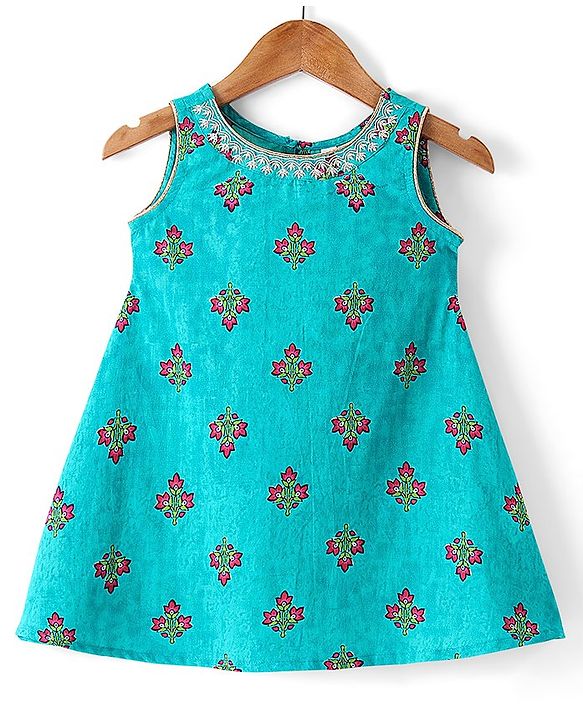 Babyhug Cotton Woven Floral Printed Ethnic Dress with Full Sleeves Embroidered Border Jacket - Turquoise
