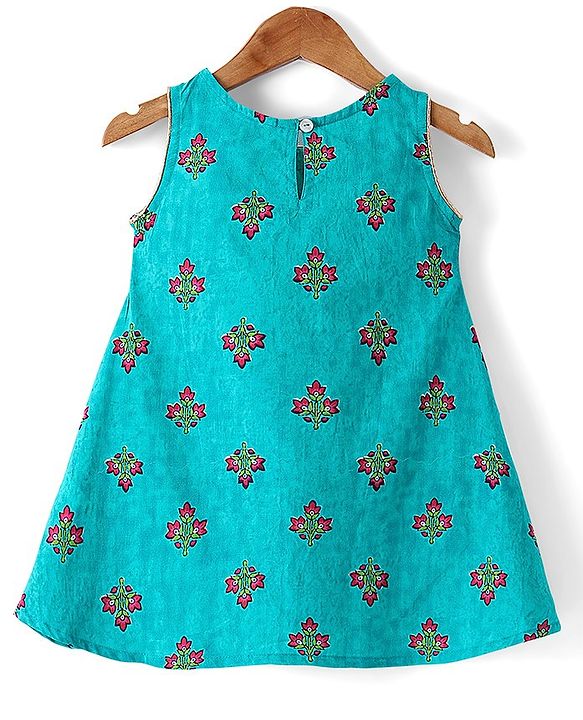 Babyhug Cotton Woven Floral Printed Ethnic Dress with Full Sleeves Embroidered Border Jacket - Turquoise