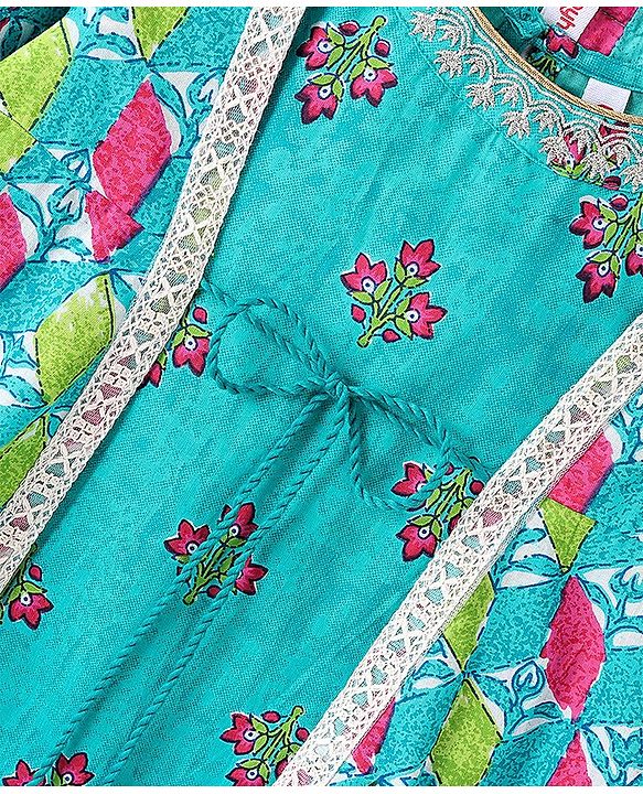 Babyhug Cotton Woven Floral Printed Ethnic Dress with Full Sleeves Embroidered Border Jacket - Turquoise