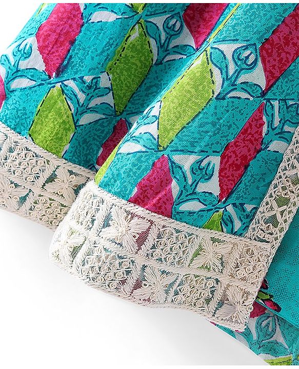 Babyhug Cotton Woven Floral Printed Ethnic Dress with Full Sleeves Embroidered Border Jacket - Turquoise