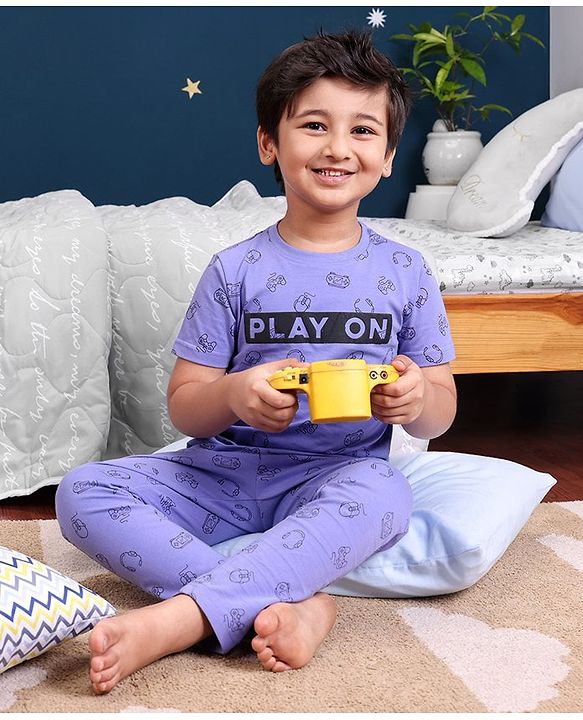 Pine Kids 100% Cotton Biowashed Half Sleeves Night Suit Gaming Print- Blue