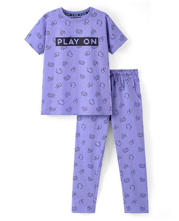 Pine Kids 100% Cotton Biowashed Half Sleeves Night Suit Gaming Print- Blue
