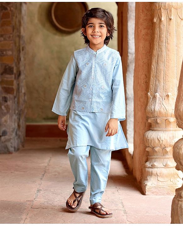 Babyhug Cotton Woven Full Sleeves Solid Kurta Payjama Set With Sequenced Embroidered Jacket - Blue