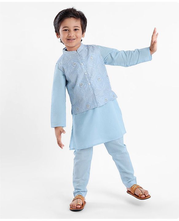 Babyhug Cotton Woven Full Sleeves Solid Kurta Payjama Set With Sequenced Embroidered Jacket - Blue