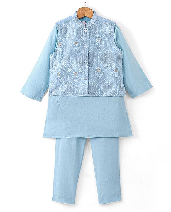 Babyhug Cotton Woven Full Sleeves Solid Kurta Payjama Set With Sequenced Embroidered Jacket - Blue