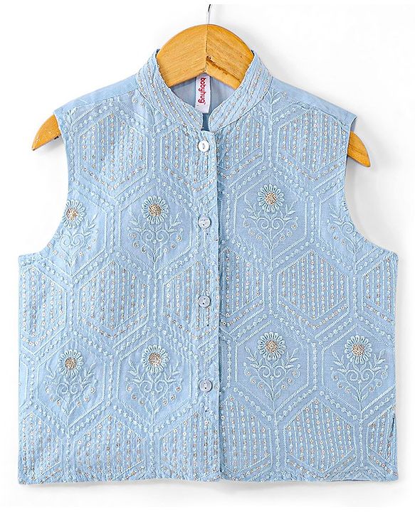 Babyhug Cotton Woven Full Sleeves Solid Kurta Payjama Set With Sequenced Embroidered Jacket - Blue