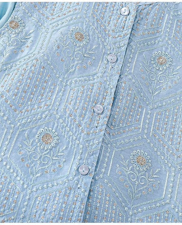 Babyhug Cotton Woven Full Sleeves Solid Kurta Payjama Set With Sequenced Embroidered Jacket - Blue