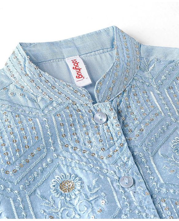 Babyhug Cotton Woven Full Sleeves Solid Kurta Payjama Set With Sequenced Embroidered Jacket - Blue