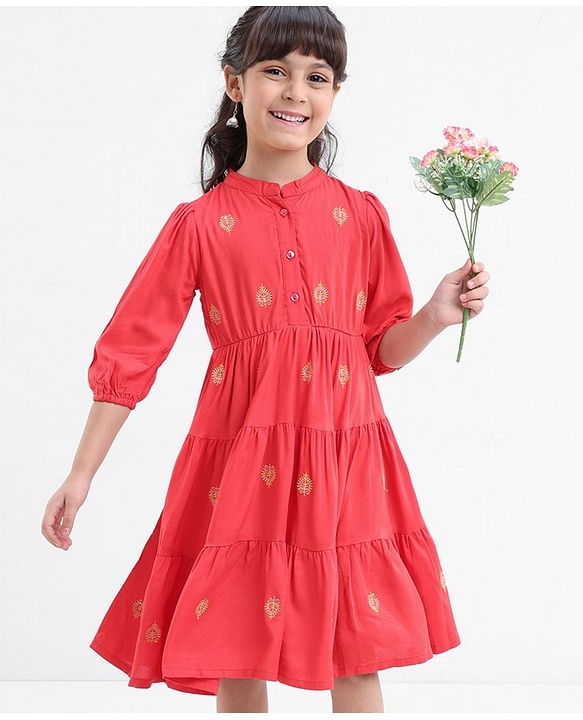 Babyhug Rayon Three Fourth Sleeves Embroidered Ethnic Dress- Coral
