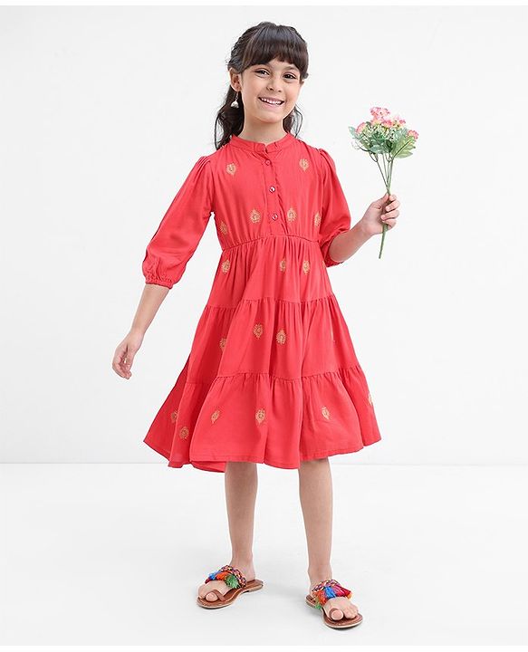 Babyhug Rayon Three Fourth Sleeves Embroidered Ethnic Dress- Coral