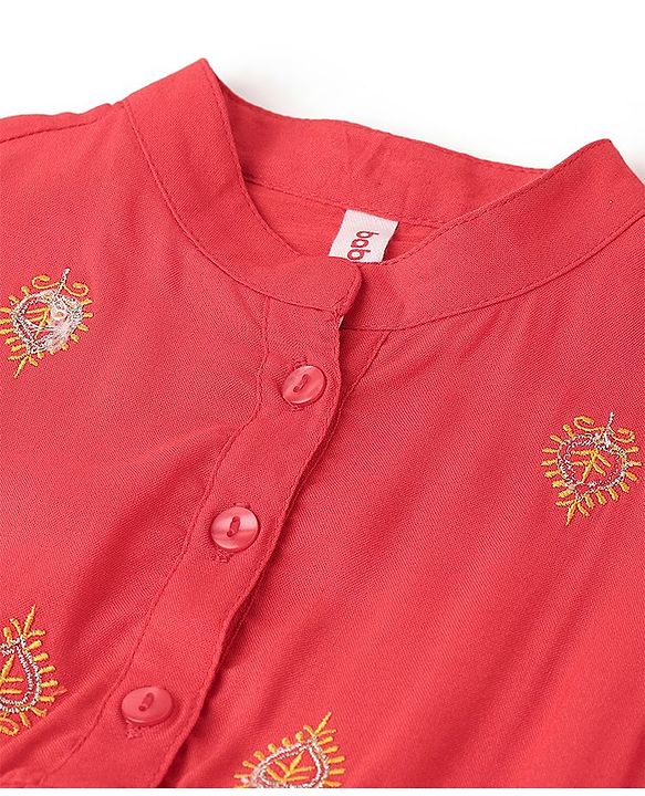 Babyhug Rayon Three Fourth Sleeves Embroidered Ethnic Dress- Coral