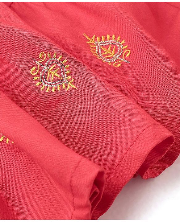 Babyhug Rayon Three Fourth Sleeves Embroidered Ethnic Dress- Coral