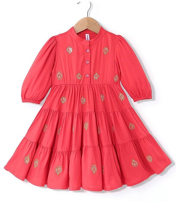 Babyhug Rayon Three Fourth Sleeves Embroidered Ethnic Dress- Coral