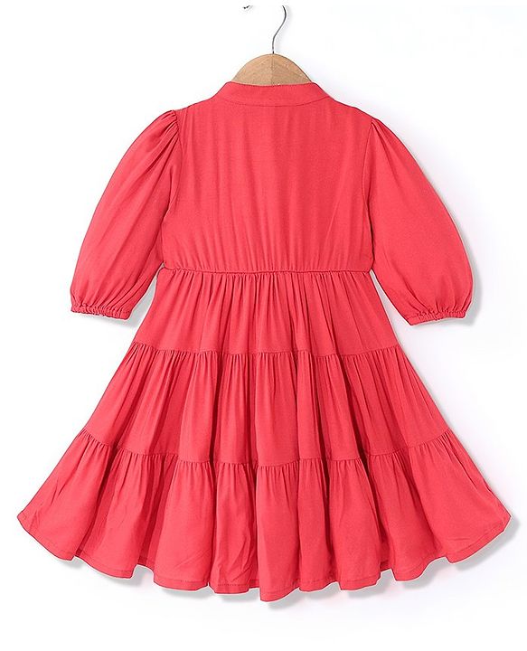 Babyhug Rayon Three Fourth Sleeves Embroidered Ethnic Dress- Coral