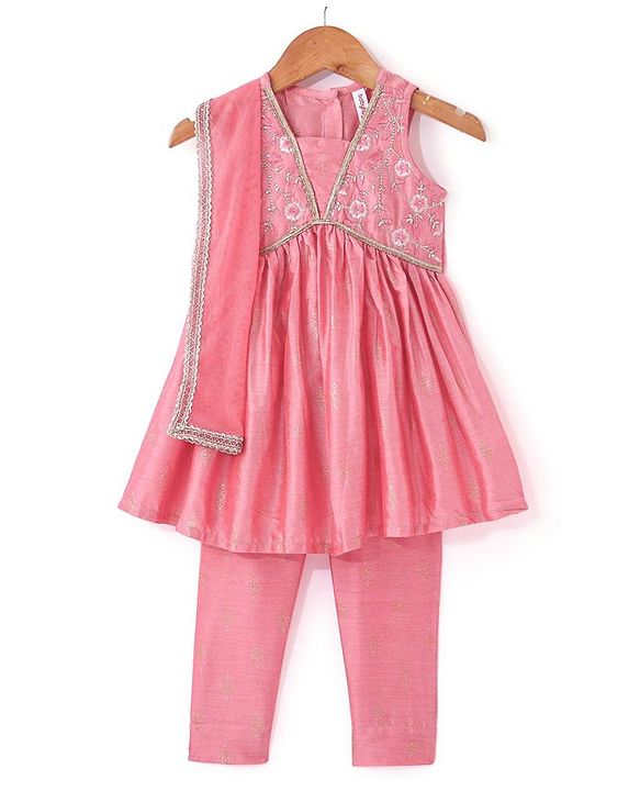Babyhug Sleeveless Foil Printed Kurta With Pant And Dupatta Set With Embroidery Detailing- Pink