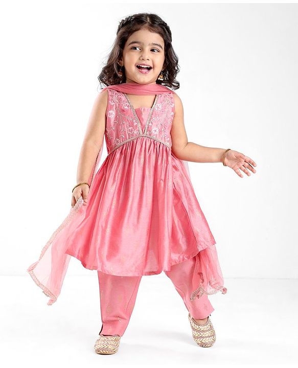 Babyhug Sleeveless Foil Printed Kurta With Pant And Dupatta Set With Embroidery Detailing- Pink