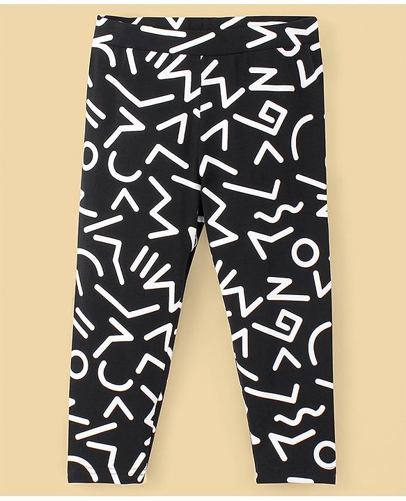 Pine Kids Cotton Biowashed Stretchable Three Fourth Length Leggings Abstract Print - Jet Black