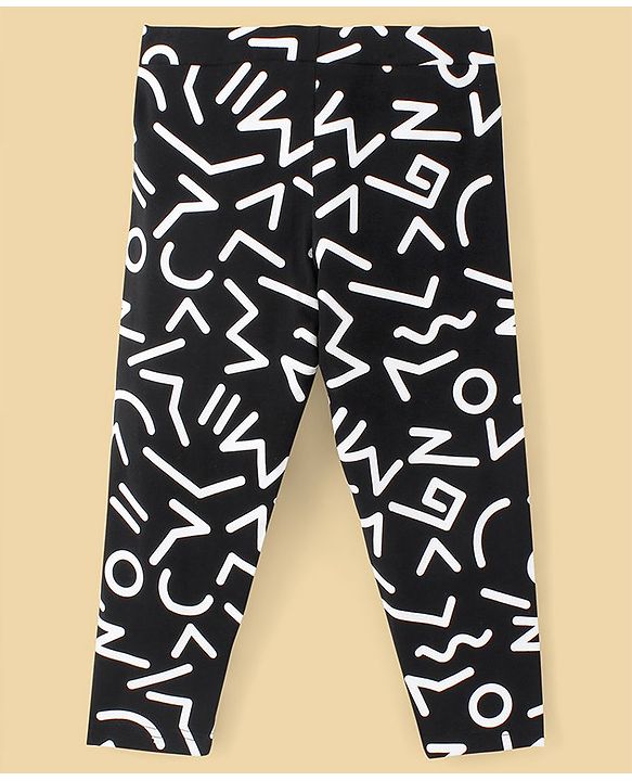 Pine Kids Cotton Biowashed Stretchable Three Fourth Length Leggings Abstract Print - Jet Black