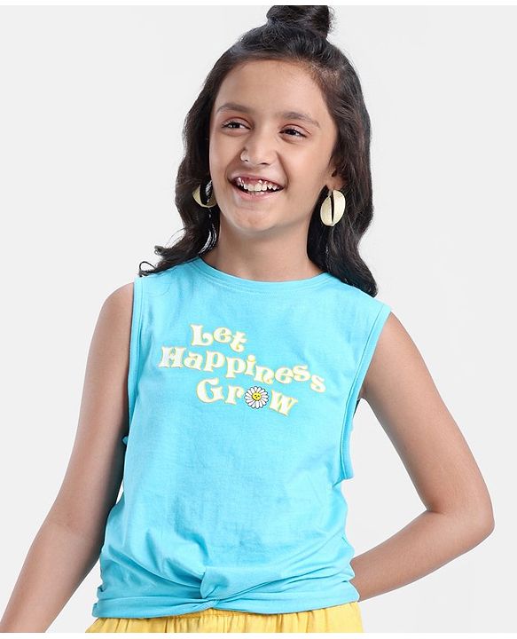 Pine Kids Cotton Knit Sleeveless T-Shirt With Front Mock Knotting & Text Print - Blue